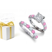 The Oculus Beli: Princess Cut Diamond atop Round Rare Deep Pink Sapphires & Diamonds & 14k Gold Ring & Sapphire Diamond Band