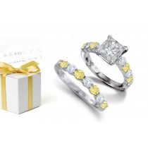 Princess Cut Diamond atop Round Yellow Sapphires & Diamonds & 14k Gold Ring & Sapphire Diamond Light Band