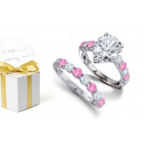 Pear Shape Diamond atop Round Rare Deep Pink Sapphires & Diamonds & 14k Gold Ring & Sapphire Diamond Band