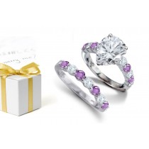 Pear Shape Diamond atop Round Purple Sapphires & Diamonds & 14k Gold Ring & Sapphire Diamond Very Bright Band