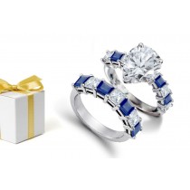 Deep Blue Color: Popular Pear Shape Form Diamond atop Princess Cut Blue Sapphires & Diamonds & 14k Gold Ring & Sapphire Wedding Gold Band