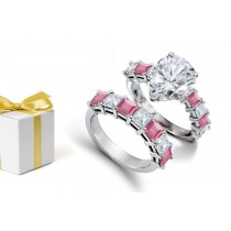 Crystal Clear Gemstones: Pear Shape Diamond atop Princess Cut Rare Deep Pink Sapphires Diamonds & 14k Gold Ring & Sapphire Diamond Gold Band