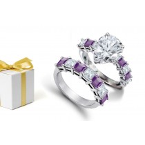 Perfect Looking Rings: Design Pear Shape Diamond atop Square Fine Purple Sapphires Diamonds & 14k Gold Ring & Sapphire Diamond Wedding Band