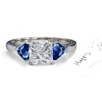 Mirrors Magic From Within: 3 Stone Princess Cut Diamond & Heart Fine Blue Sapphire Engagement Ring in Gold