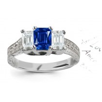 Great Variety of Coloration Three Stone Emerald Cut Diamond & Sapphire Ring