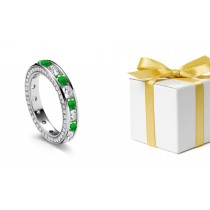 Exclusive: Channel Set Round Diamond & Emerald Band in Platinum & 14k Gold Ring Size 3 to 8