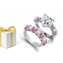 Guaranteed To Fascinate: Heart Diamond atop Princess Cut Rare Deep Pink Sapphire Diamond & 14k Gold Ring & Sapphire Diamond Wedding Band