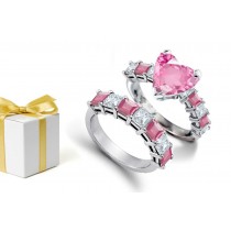 Power of Precious Stones: Heart Sapphire atop Princess Cut Rare Deep Pink Sapphire Diamond & 14k Gold Ring & Sapphire Diamond Wedding Band