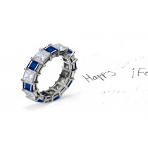 Sparkling: Princess Cut Blue Sapphire and Diamond Bar Set Eternity Wedding Ring