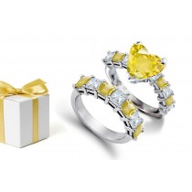 Really Enhances The Sparkling White Light: Popular Wedding Anniversary Heart Sapphire atop Square Deep Yellow Sapphire Diamond & Gold Fashion Ring