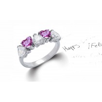 Heart Shaped Pink Sapphire & Diamond Half Eternity Rings in Gold or Platinum