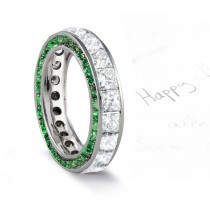 Micro pave Halo  Round Cut Diamond & Lush Green Emerald Eternity Rings