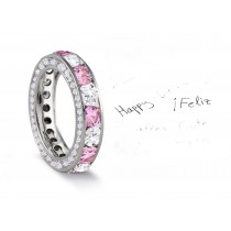 Micro pave Halo Brilliant Cut Round Diamond & Pink Sapphire Eternity Rings