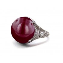 Edwardian, French, Belle Epoque, Platinum, Milgrain, Filigree, Luscious Red, Ruby Cabochon Ring Flanked with