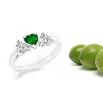 Ladies Three-stone Half Hoop Rings: Center Heart Diamond & Side Heart Emerald 2 Side Stone Anniversary Hoop Ring