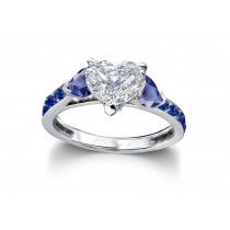Heart Diamond & Blue Sapphire Three Stone Engagement Ring With Side Accents
