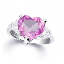 Custom Manufactured Three Stone Heart-Shaped Diamonds & Pink Sapphire Ring