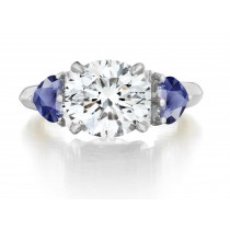 Premium Quality Unique Round Cut Diamond & Blue Sapphire Heart Three Stone Rings