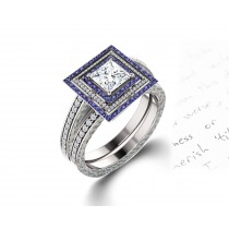 Delicate Micro Pave Halo Vivid Blue Sapphires & Brilliant-Cut Round Diamonds Designer Engagement Rings