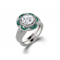 Made To Order Delicate Micro Pave Halo Vivid Green Emerald & Diamond Engagement Rings