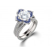 Delicate Micro Pave Halo Vivid Flower Blue Sapphires & Brilliant-Cut Round Diamonds Designer Engagement Rings