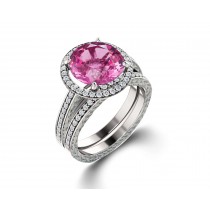 Delicate Micro Pave Halo Vivid Pink Sapphires & Brilliant-Cut Round Diamonds Designer Engagement Rings