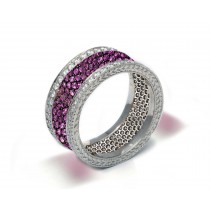 Delicate Women's Eternity Rings Featuring Vivid Purple Sapphires & Diamonds in Halo Precision Micro pave Settings