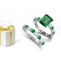 Center Emerald Cut & a Curved Line Emerald & Diamond Ring & A Curved Line of Half Way Point Emerald Diamond Band Size 7