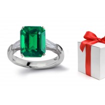 Green Columbian 3 Stone Emerald Cut Emerald & Baguette Cut Diamond Platinum Ring