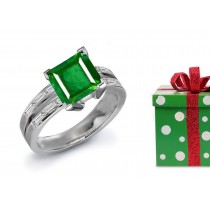 Magical Solitaire Square Cut Sea Green Emerald & Baguette Diamond Divine Chevron Ring
