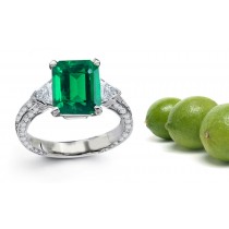 Emerald Half Hoop Rings: This 3 Stone Features Center Emerald Cut Emerald & Richly Cut Trillion Diamonds on Sides