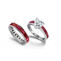 Heart Center Diamond & Baguette Pigeon Red Ruby Engagement Ring & Ruby & Gold Wedding Band