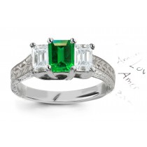 From The Past: 14k Antique Style Emerald Cut Emerald & Diamond 3 Stone Gold Ring