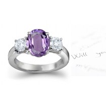 Oval Very Popular Purple Sapphire Three-Stone Sapphire Engagement Ring with Round Diamonds