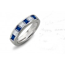 Square Blue Sapphire and Diamond Seven Stone Band Ring in 18k White Gold 4 mm