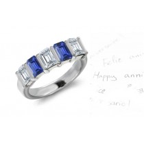 5 Stone Bar Set Emerald Cut Diamond Sapphire Ring