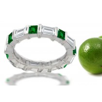 Platinum Princess Cut Emerald & Baguette Diamond Eternity Band