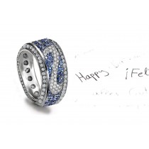 Vibrant Blue Sapphire & Diamond Special Design Antique Leaf Motif Band