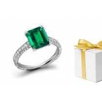 Brilliant Rich Green Emerald Cut Genuine Emerald, Micropave Diamond & Platinum Vintage Ring