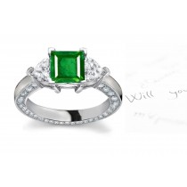 Pure Green Hue Emeralds: A Vibrant 14k Gold Square Emerald & Heart Diamond 3-Stone Gold Ring & Sparkling Diamant & Moret