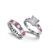 Princess Cut Diamond & Pink Sapphire Engagement Ring & Diamond Sapphire Band