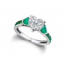 Heart Diamond & Emerald Three Stone Engagement Ring With Side Accents