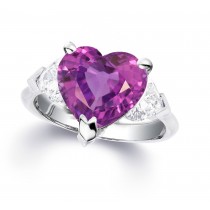 Custom Manufactured Three Stone Heart-Shaped Diamonds & Purple Sapphire Ring