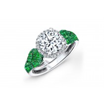 Made To Order Rings With French Pave Halo Brilliant Cut Round Diamonds & Emeralds