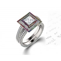 Delicate Micro Pave Halo Vivid Rainbow Sapphires & Brilliant-Cut Round Diamonds Designer Engagement Rings