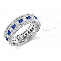 6mm Round & Princess Cut Blue Sapphire & Diamond Gold Wedding Band