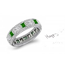 Designer "paved" 6 mm Wide Emerald & Square Diamond Border Band