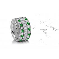 Fascinating: Stacked 3 Emerald & Diamond Halo Band in Platinum & Gold
