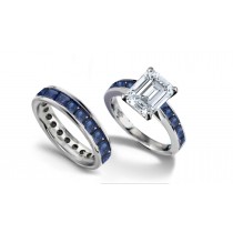 Emerald Cut Diamond & Square Blue Sapphire Engagement & Wedding Set