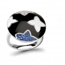 Radiance of Stars Scattered: Star Diamond and Fine Blue Sapphire Black Enamel Ring with Diamond Carat Weight 2.25 cts